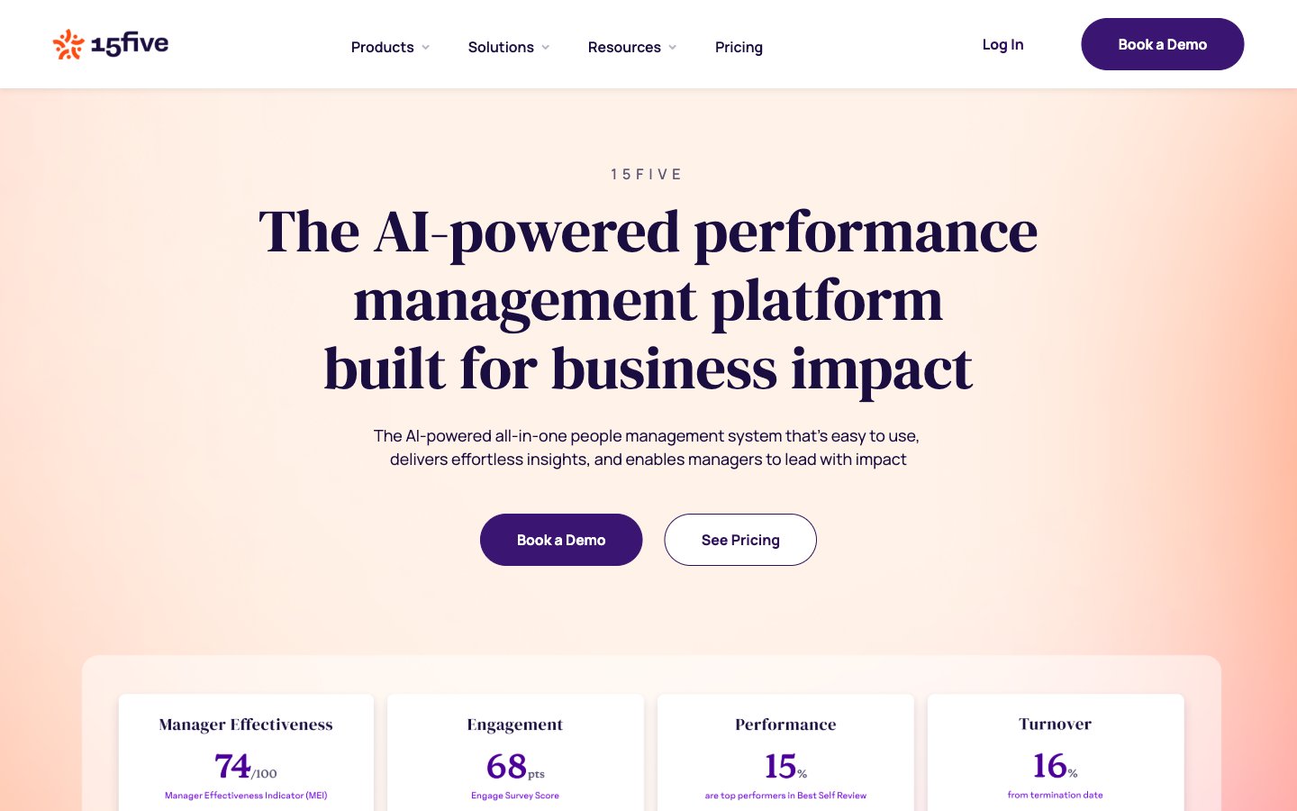 15Five Product Dashboard Preview showing engagement metrics and performance insights